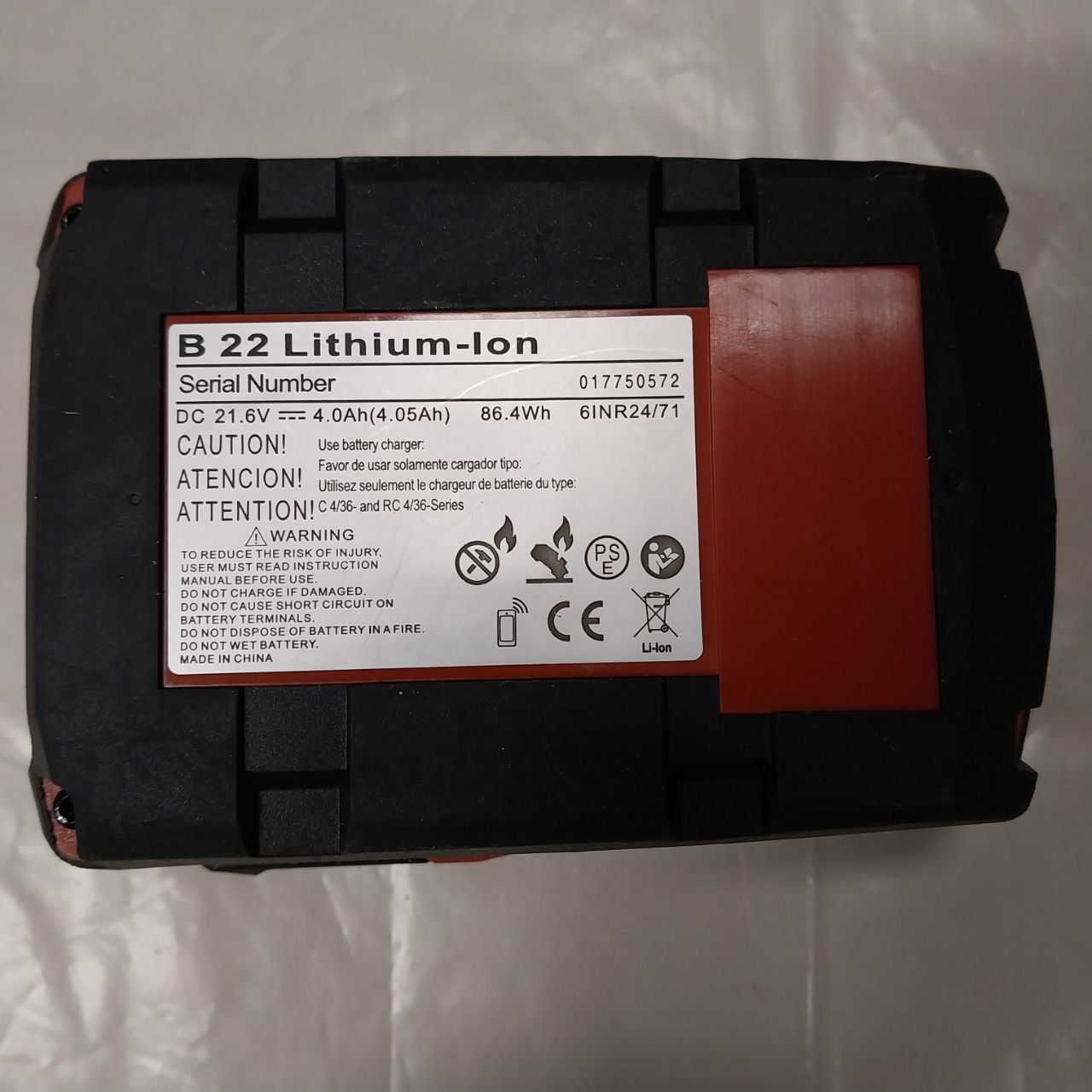 Bateria Akumulator HILTI B22 Lithium-ion 21,6V, 4000 mAh, 86.4 Wh 6INR24/71